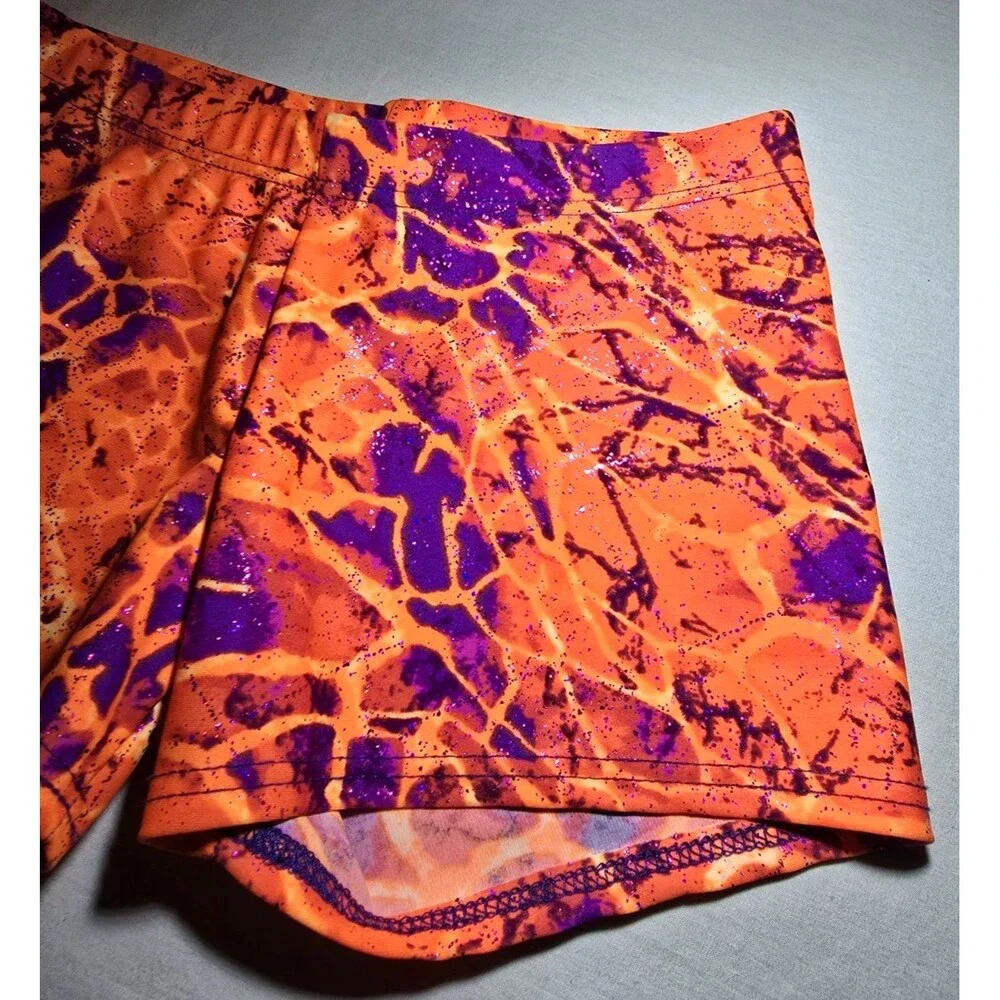 Motionwear Orange Purple Lava Crackle Dance Gym Shorts SA, Fits like Large Child
